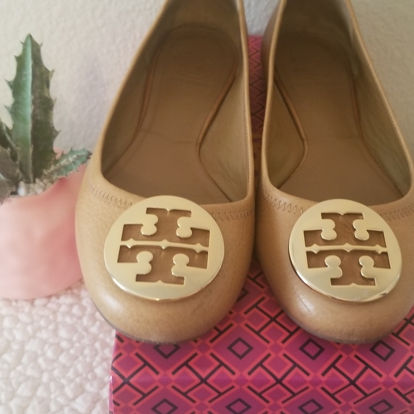 Tory Burch Shoes - Tory Burch Reva Ballet Tan/Gold Logo Used